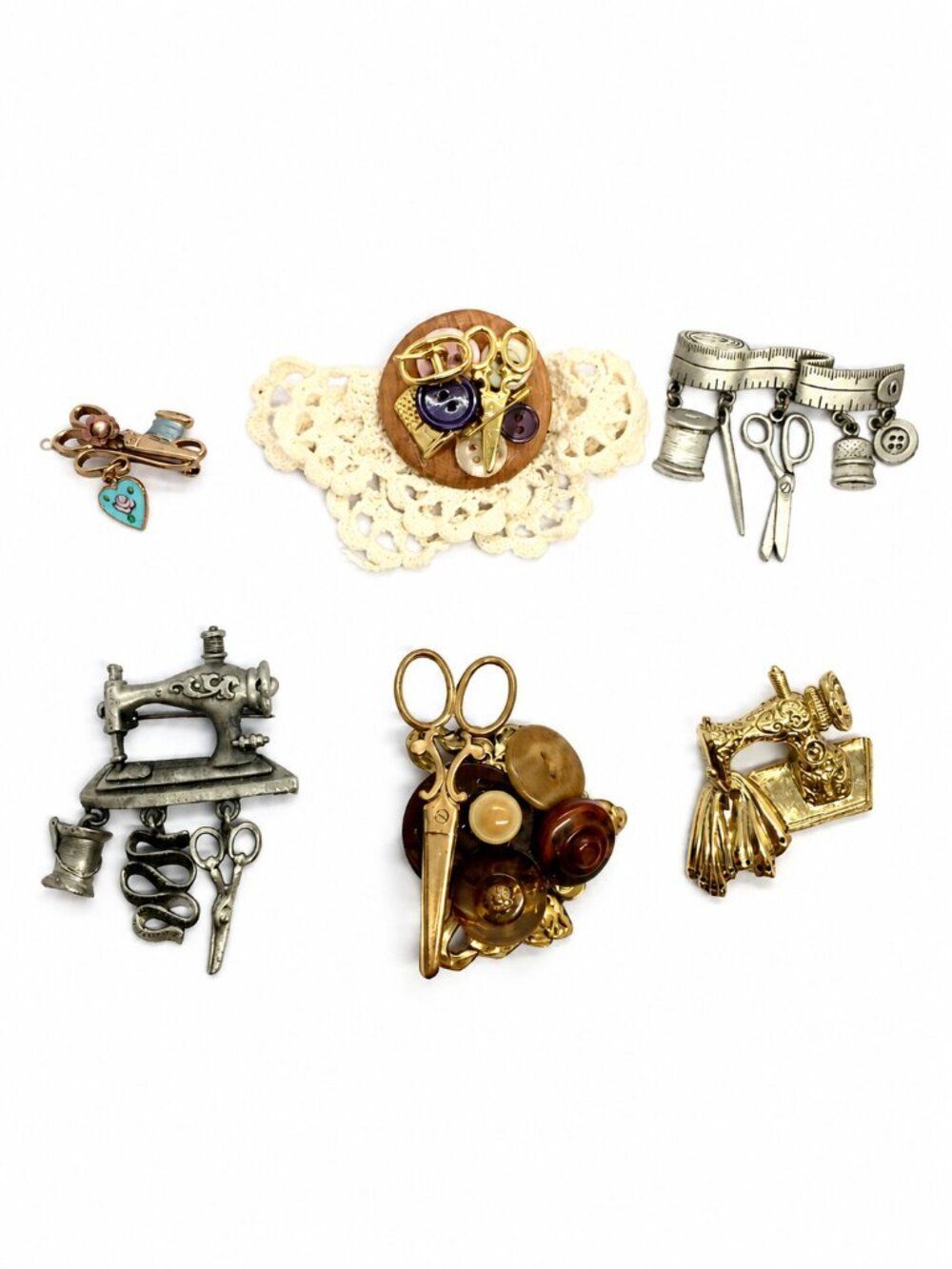 VINTAGE Sewing Brooches Lot 6 JJ Danecraft 1928 Artisan Tailor Seamstress Signed